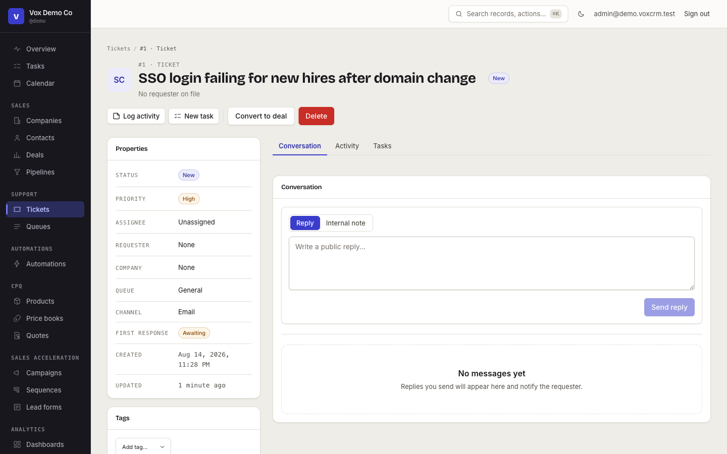 Vox CRM ticket workspace: status, priority, queue, first-response tracking, reply and internal-note composer
